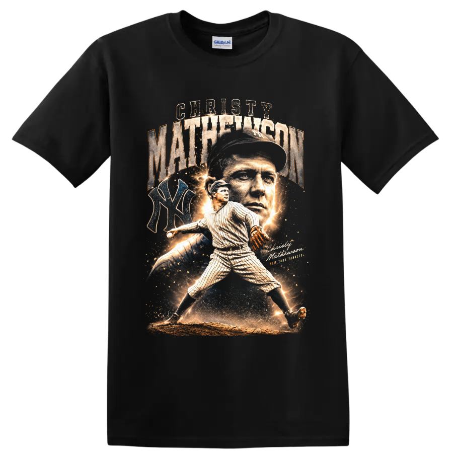 Christy Mathewson vintage baseball collage with pitcher portrait, action pose, and NY on a Black T Shirt