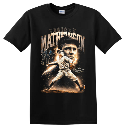 Christy Mathewson vintage baseball collage with pitcher portrait, action pose, and NY on a Black T Shirt