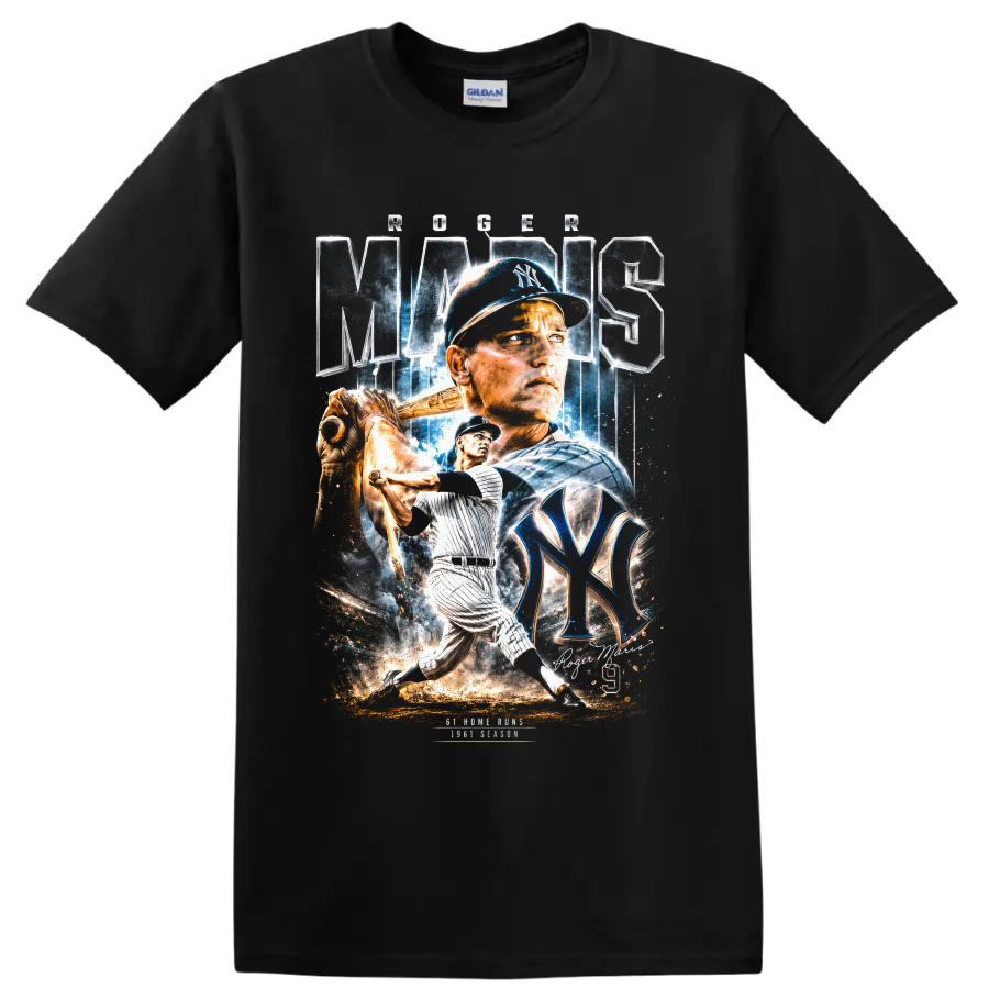 Aaron Judge New York Yankees baseball action portrait graphic with NY emblem on a Black T Shirt