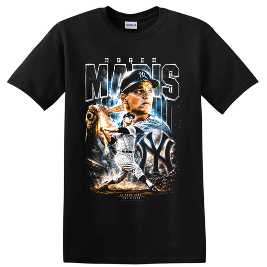 Aaron Judge New York Yankees baseball action portrait graphic with NY emblem on a Black T Shirt