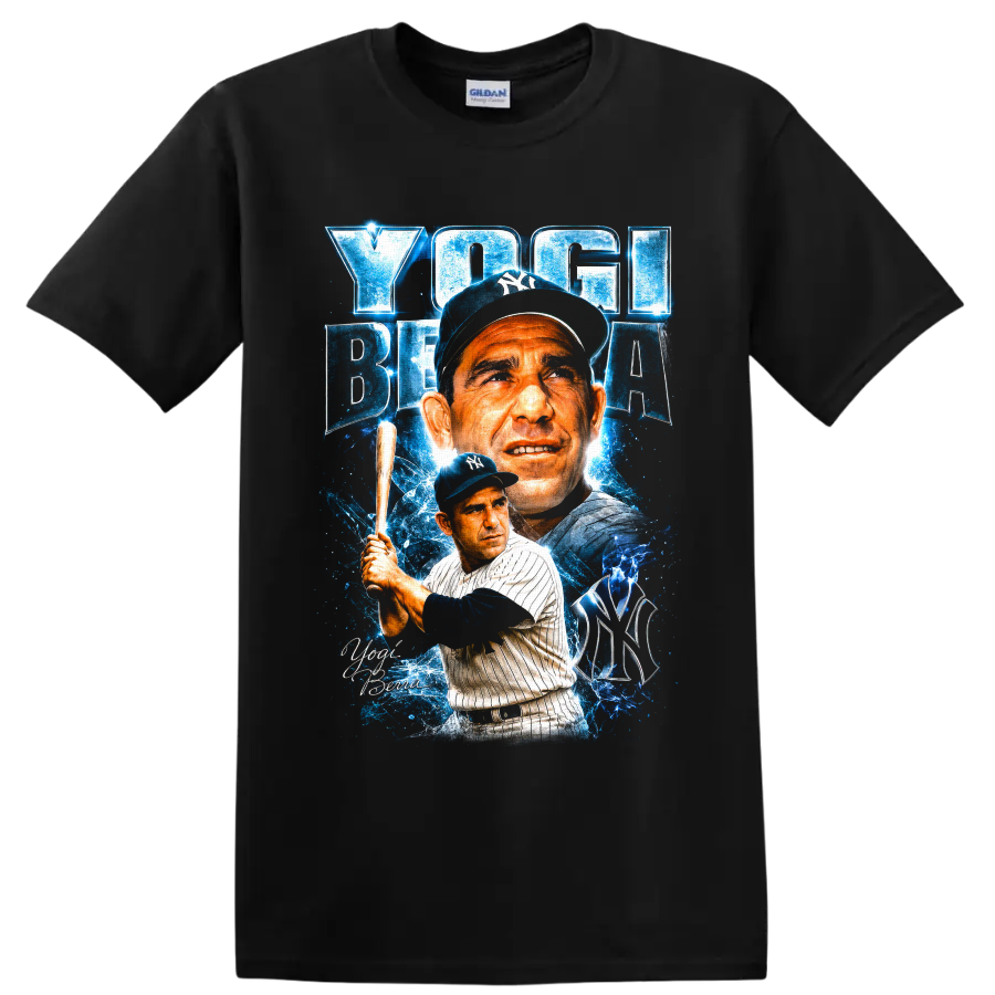 Yogi Berra New York Yankees portrait and batting graphic with blue electric effects on a Black T Shirt
