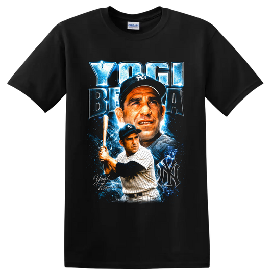Yogi Berra New York Yankees portrait and batting graphic with blue electric effects on a Black T Shirt