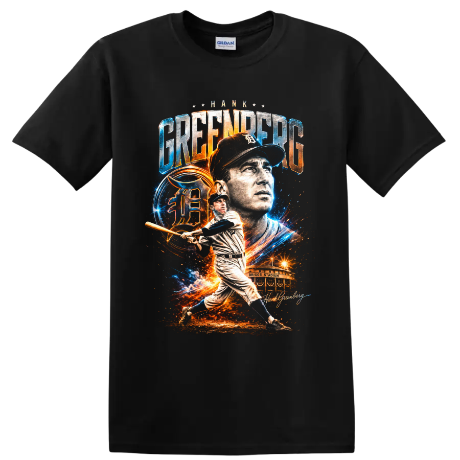 Hank Greenberg Detroit Tigers portrait and batting collage with Briggs Stadium on a Black T Shirt