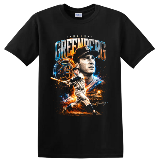Hank Greenberg Detroit Tigers portrait and batting collage with Briggs Stadium on a Black T Shirt