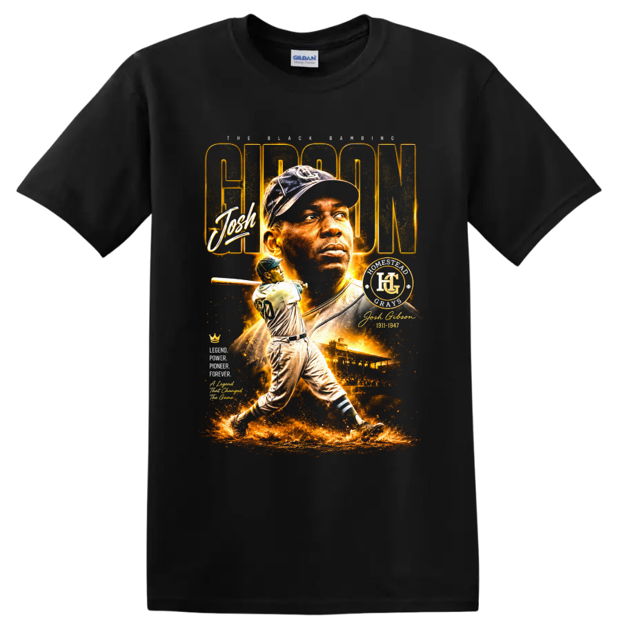 Josh Gibson Homestead Grays portrait and batting tribute in glowing vintage baseball style on a Black T Shirt