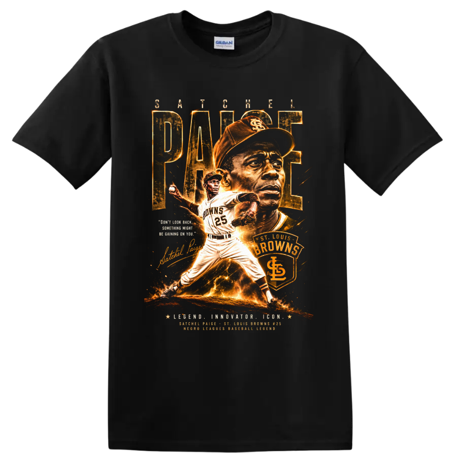 Satchel Paige St. Louis Browns pitcher portrait and action vintage baseball graphic on a Black T Shirt