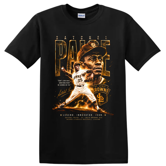 Satchel Paige St. Louis Browns pitcher portrait and action vintage baseball graphic on a Black T Shirt