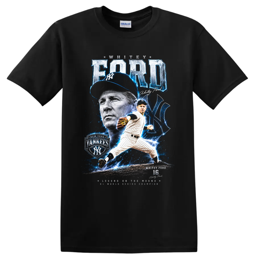 Whitey Ford New York Yankees pitcher portrait and action graphic with number 16 on a Black T Shirt