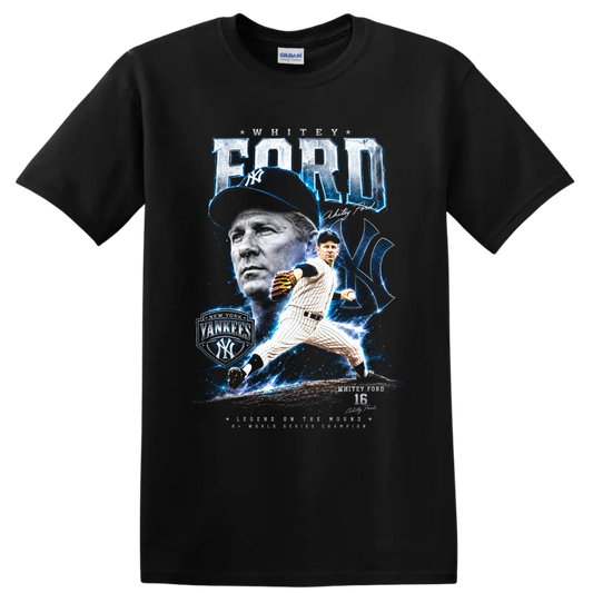 Whitey Ford New York Yankees pitcher portrait and action graphic with number 16 on a Black T Shirt