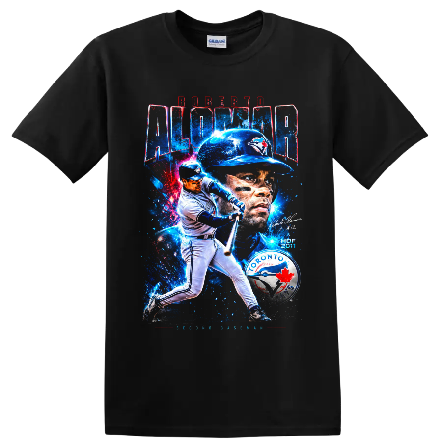 Roberto Alomar Toronto Blue Jays batting and portrait collage with Hall of Fame text on a Black T Shirt