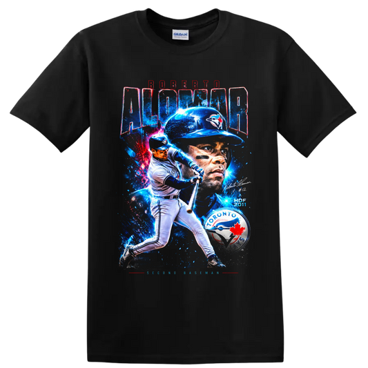 Roberto Alomar Toronto Blue Jays batting and portrait collage with Hall of Fame text on a Black T Shirt