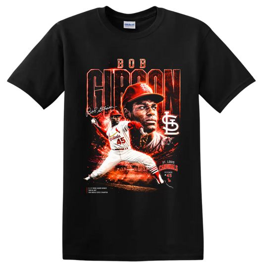 Bob Gibson Cardinals pitcher 45 in fiery distressed baseball collage with STL logo on a Black T Shirt