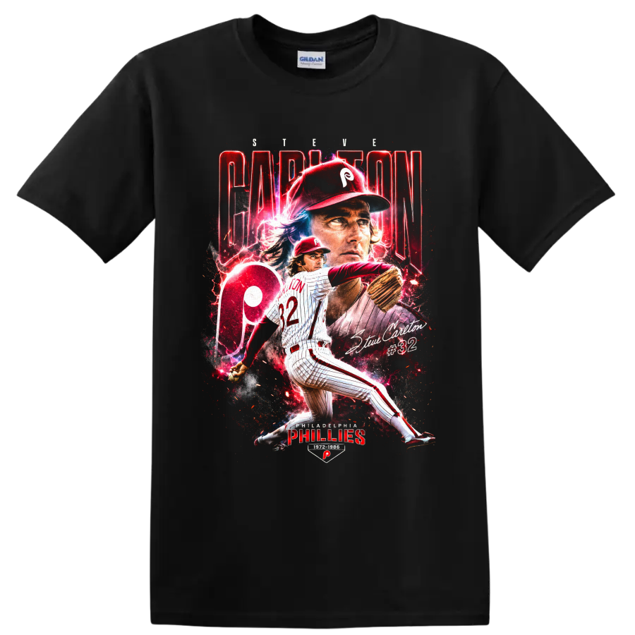 Steve Carlton #32 Philadelphia Phillies pitcher in dramatic red vintage poster art on a Black T Shirt