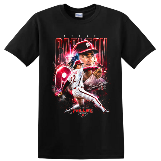 Steve Carlton #32 Philadelphia Phillies pitcher in dramatic red vintage poster art on a Black T Shirt