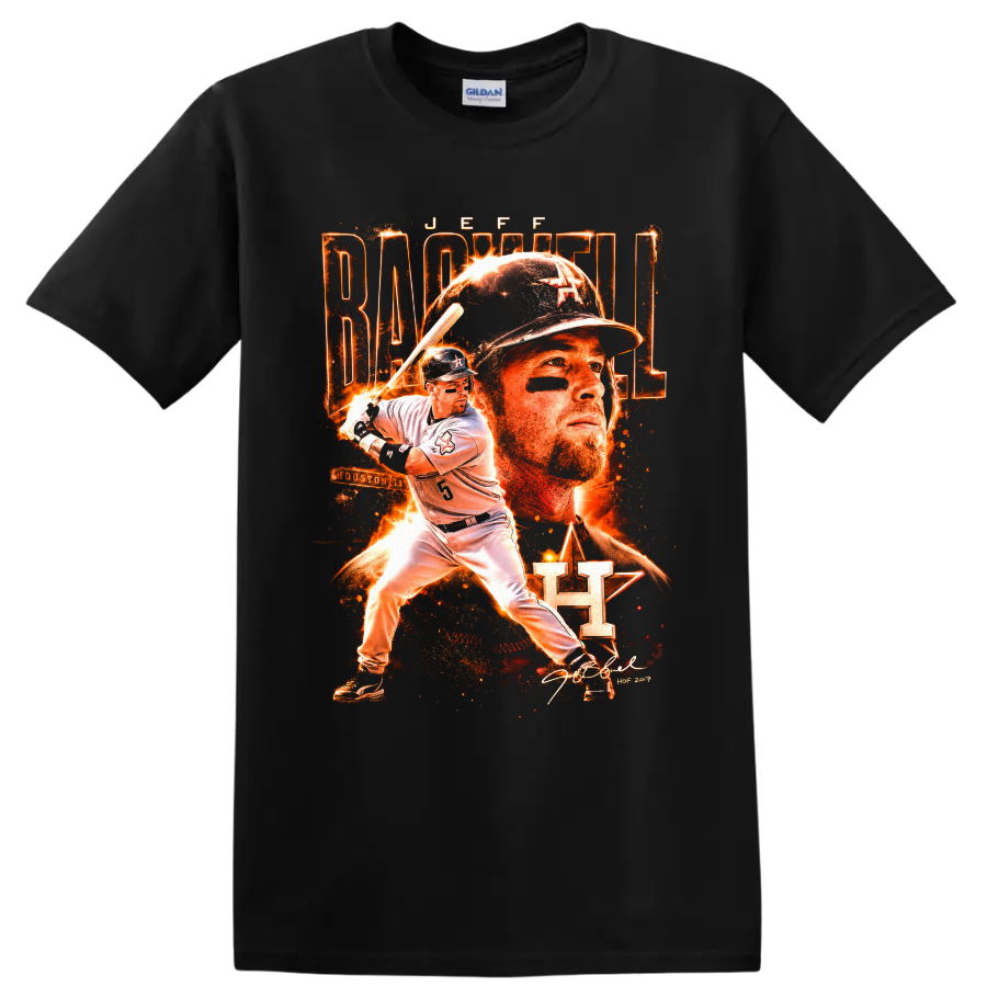 Jeff Bagwell Houston baseball portrait and batting action in fiery vintage poster style on a Black T Shirt