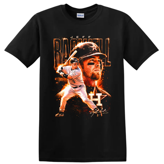 Jeff Bagwell Houston baseball portrait and batting action in fiery vintage poster style on a Black T Shirt