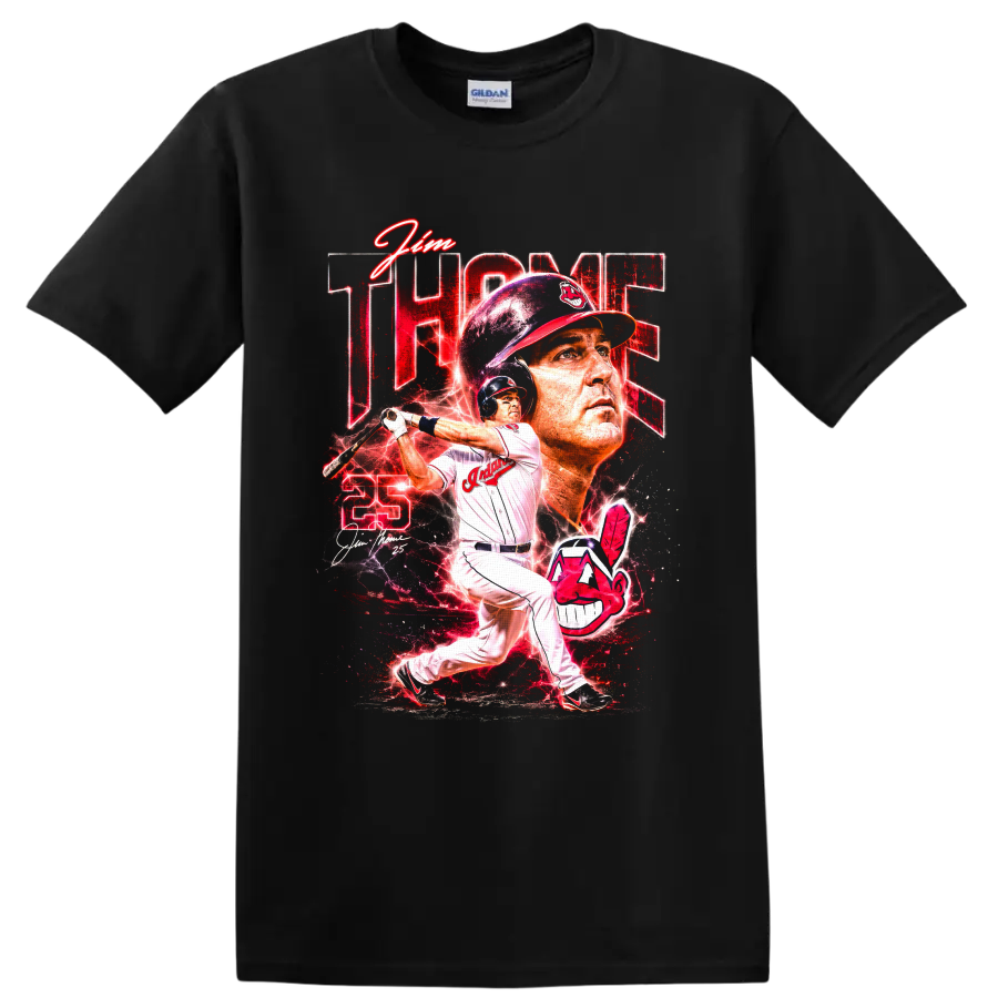 Jim Thome Cleveland Indians batting portrait with number 25 and red lightning graphic on a Black T Shirt