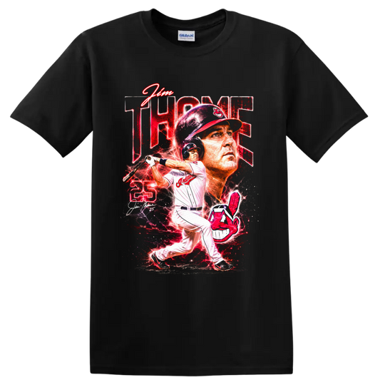 Jim Thome Cleveland Indians batting portrait with number 25 and red lightning graphic on a Black T Shirt