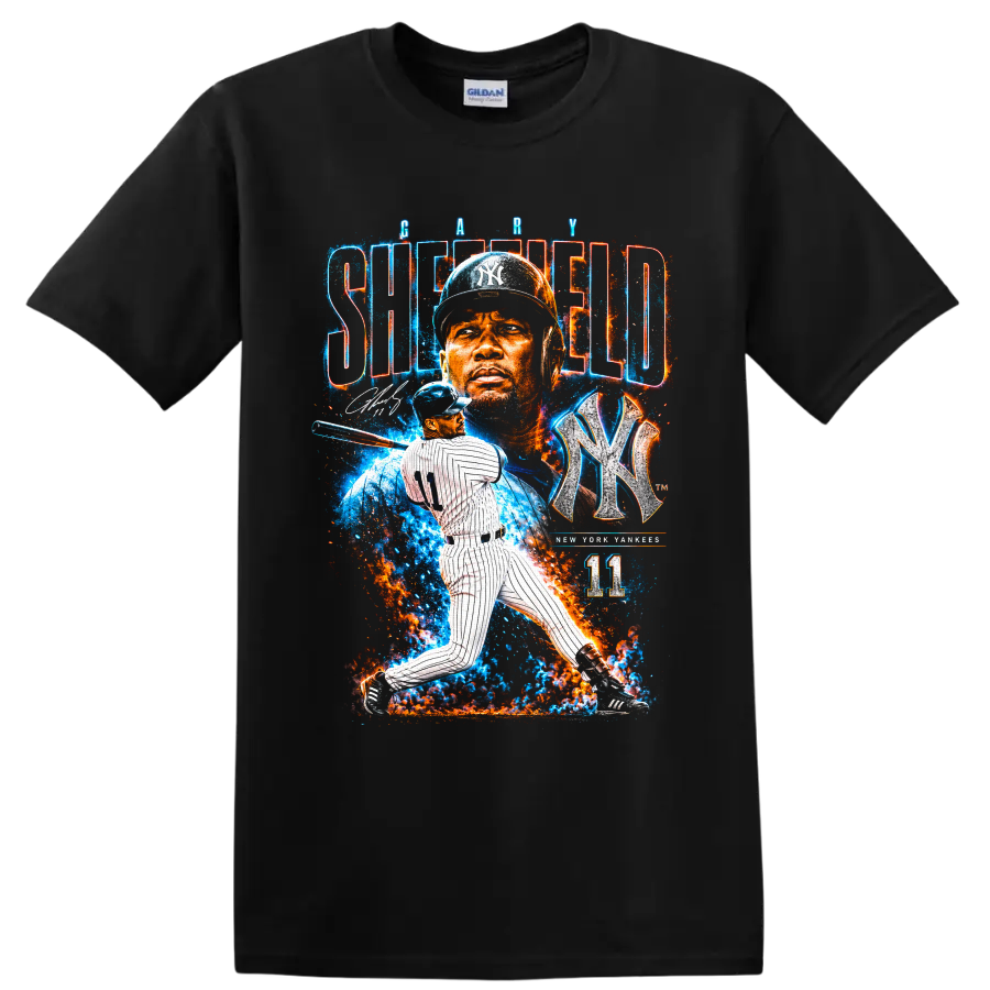 Gary Sheffield Yankees portrait and batting graphic with NY emblem and number 11 on a Black T Shirt