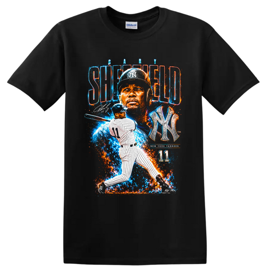 Gary Sheffield Yankees portrait and batting graphic with NY emblem and number 11 on a Black T Shirt