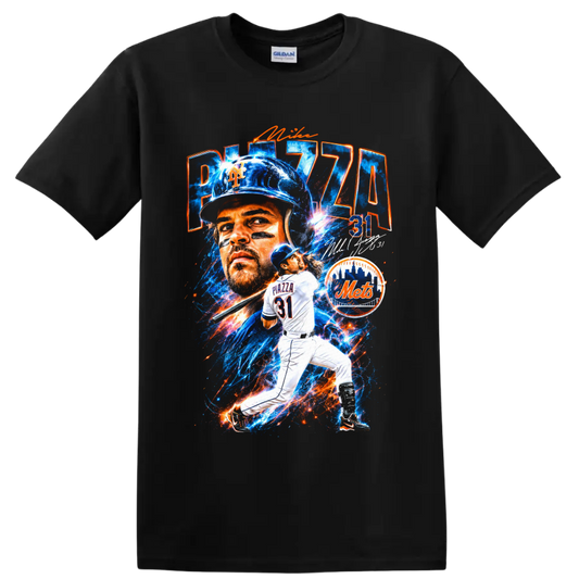Mike Piazza New York Mets catcher No. 31 in electric blue-and-orange baseball collage on a Black T Shirt