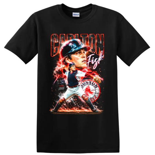 Carlton Fisk Boston Red Sox catcher collage with Captain Fisk and HOF 2000 text on a Black T Shirt
