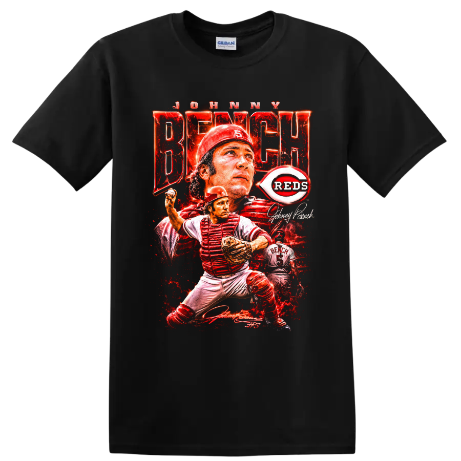 Johnny Bench Cincinnati Reds catcher collage with No. 5 and distressed red poster art on a Black T Shirt