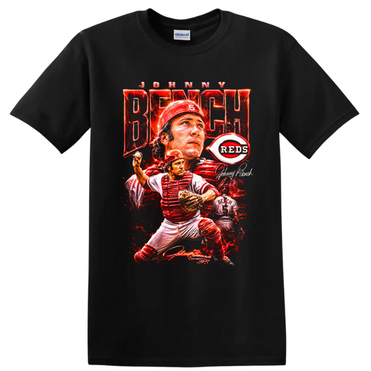 Johnny Bench Cincinnati Reds catcher collage with No. 5 and distressed red poster art on a Black T Shirt