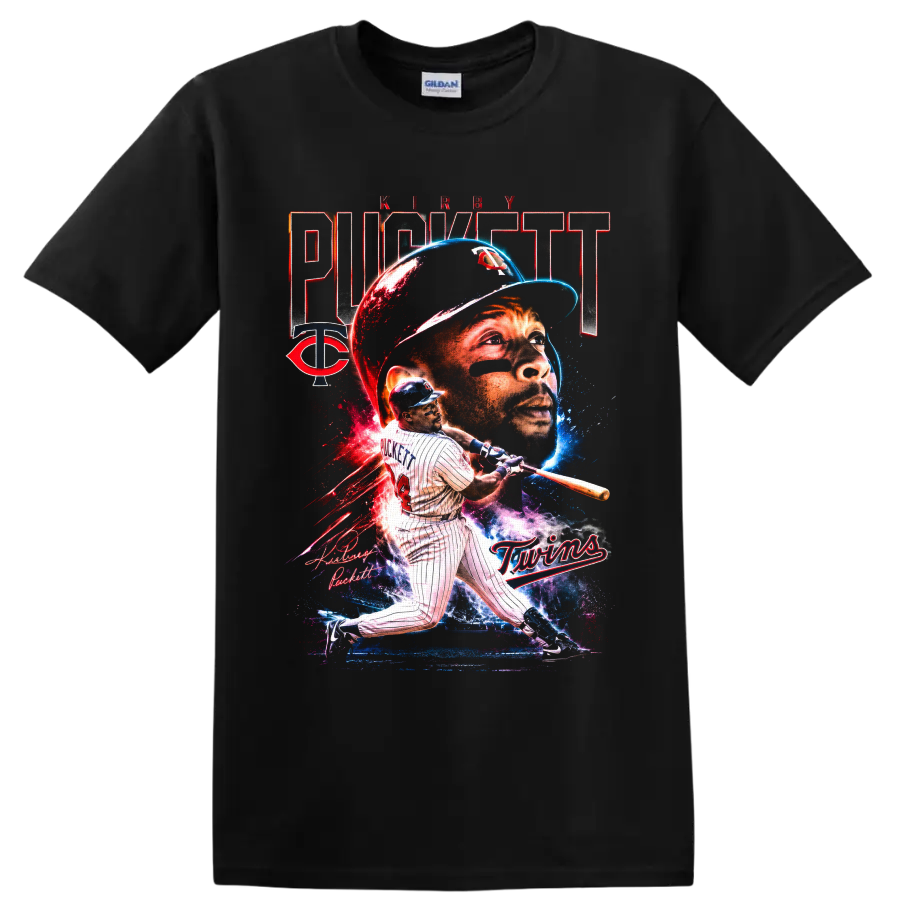Kirby Puckett Minnesota Twins portrait and batting graphic with number 34 and TC emblem on a Black T Shirt