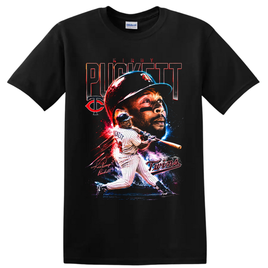 Kirby Puckett Minnesota Twins portrait and batting graphic with number 34 and TC emblem on a Black T Shirt