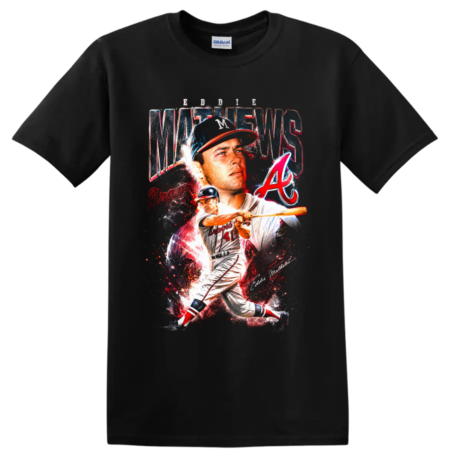 Eddie Mathews Milwaukee Braves portrait and batting action baseball collage on a Black T Shirt