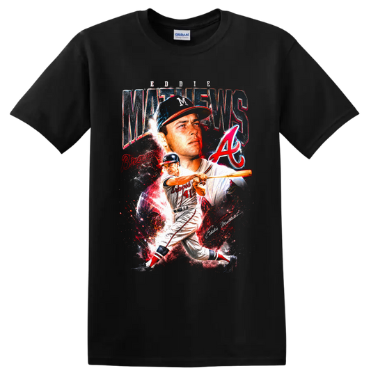 Eddie Mathews Milwaukee Braves portrait and batting action baseball collage on a Black T Shirt