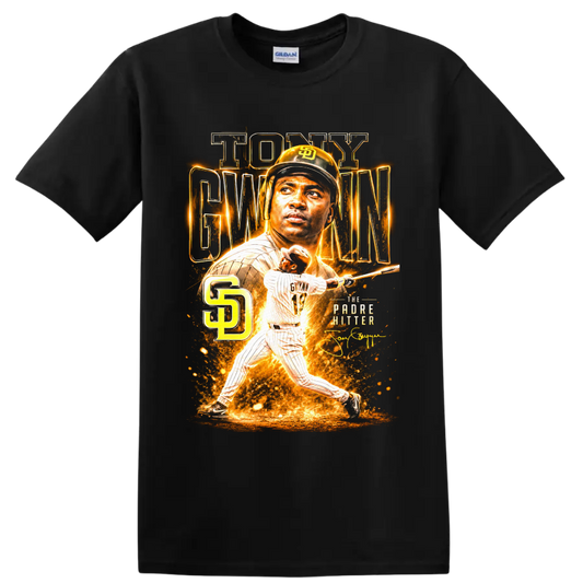 Tony Gwynn Padres batting portrait graphic with SD monogram and The Padre Hitter text on a Black T Shirt