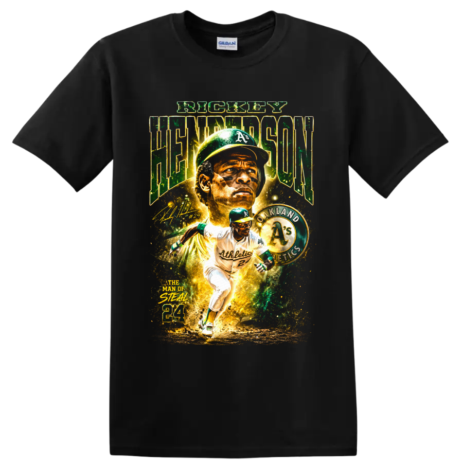 Rickey Henderson Oakland Athletics collage with Man of Steal and 24 text on a Black T Shirt