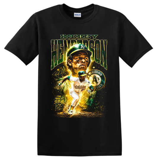 Rickey Henderson Oakland Athletics collage with Man of Steal and 24 text on a Black T Shirt