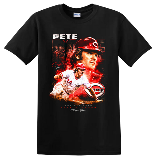 Pete Rose Cincinnati Reds Hit King distressed baseball collage with number 14 action art on a Black T Shirt