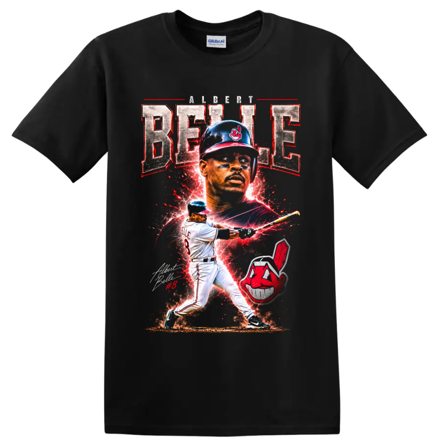 Albert Belle Cleveland Indians baseball poster collage with batting action and lightning on a Black T Shirt