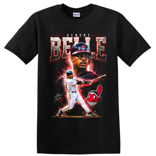 Albert Belle Cleveland Indians baseball poster collage with batting action and lightning on a Black T Shirt
