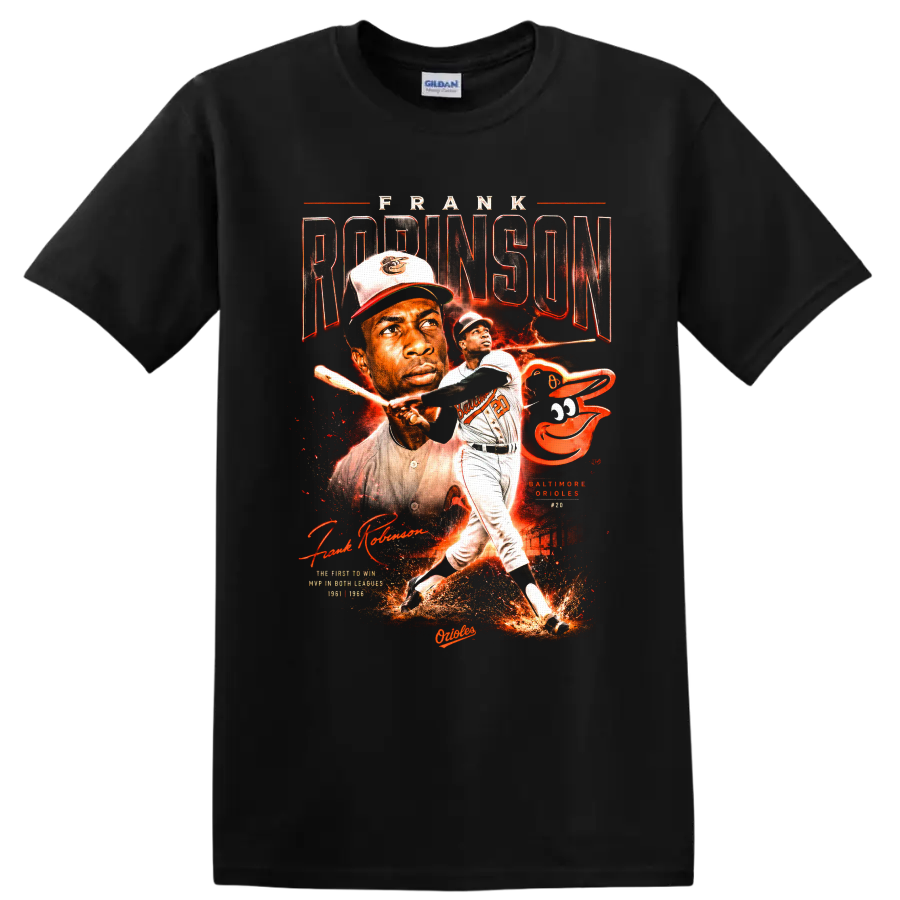 Frank Robinson Baltimore Orioles vintage baseball portrait and batting graphic on a Black T Shirt