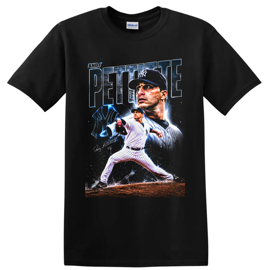 Andy Pettitte Yankees pitcher portrait and pitching action graphic with number 46 on a Black T Shirt