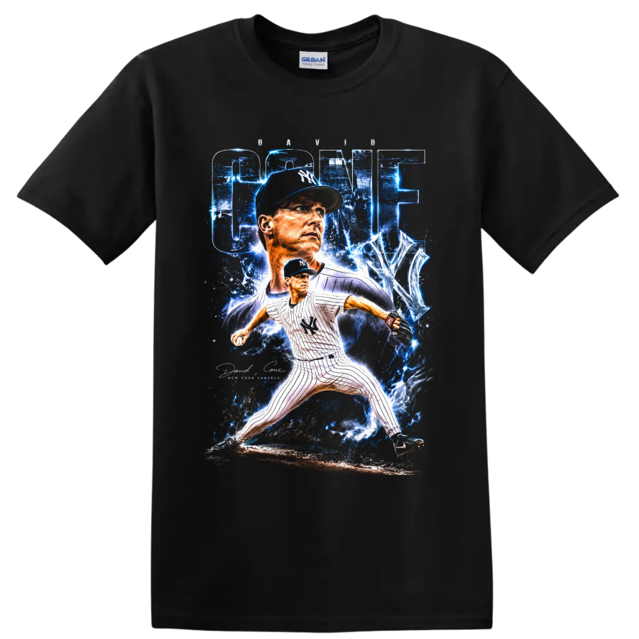David Cone New York Yankees pitcher with electric blue CONE graphic and pitching pose on a Black T Shirt