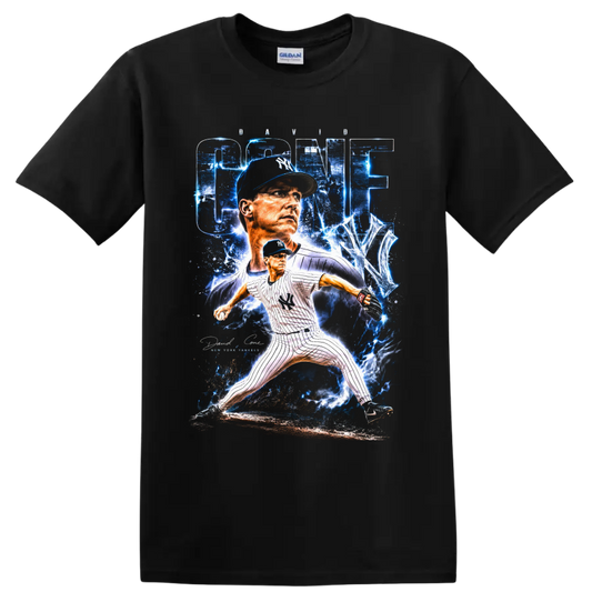 David Cone New York Yankees pitcher with electric blue CONE graphic and pitching pose on a Black T Shirt