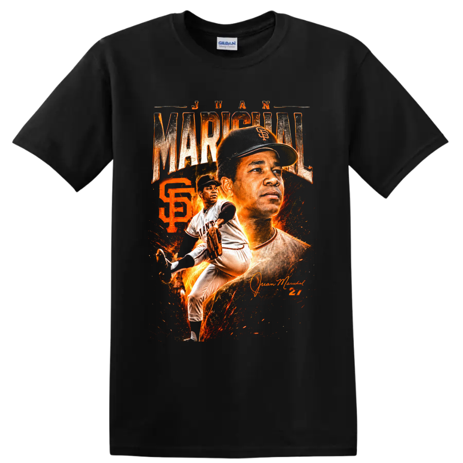 Juan Marichal Giants pitcher portrait and action graphic with fiery number 27 on a Black T Shirt