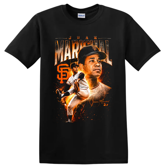 Juan Marichal Giants pitcher portrait and action graphic with fiery number 27 on a Black T Shirt