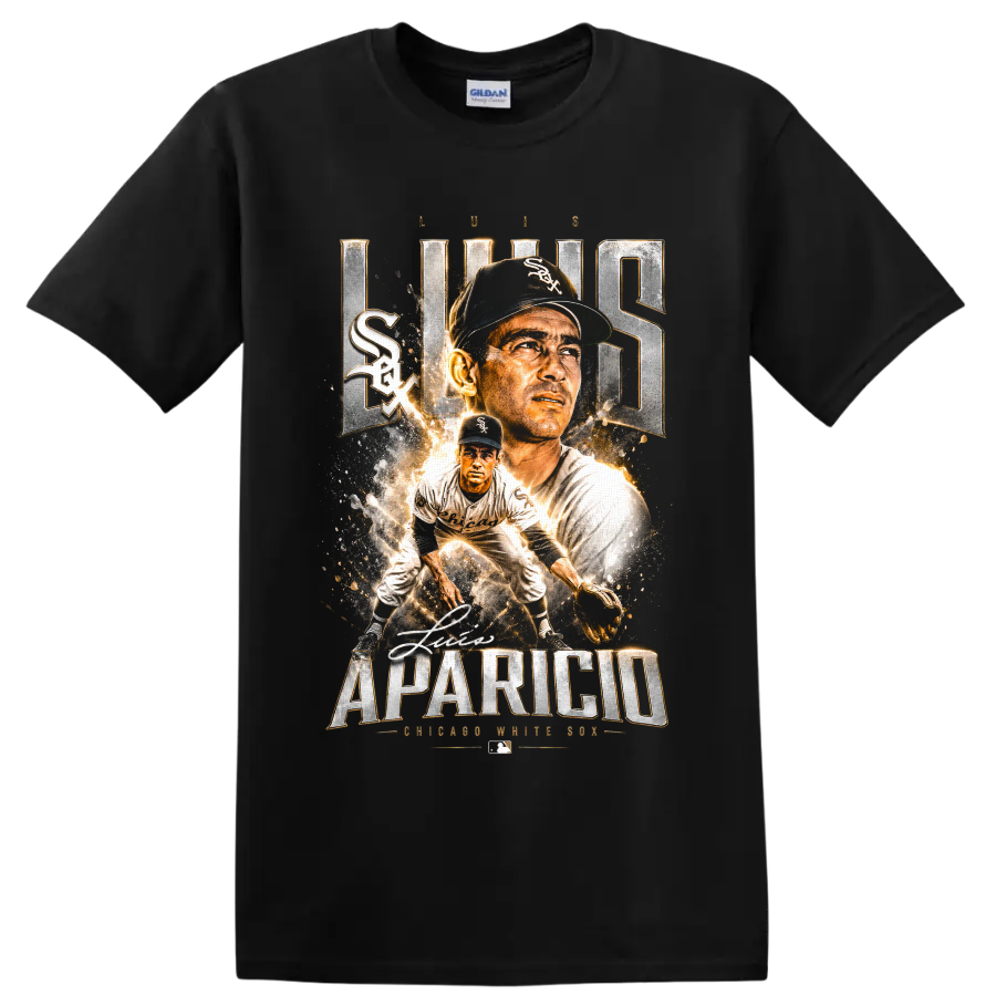 Luis Aparicio Chicago White Sox vintage baseball portrait and fielding graphic on a Black T Shirt