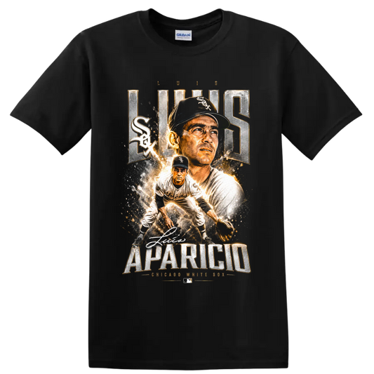 Luis Aparicio Chicago White Sox vintage baseball portrait and fielding graphic on a Black T Shirt