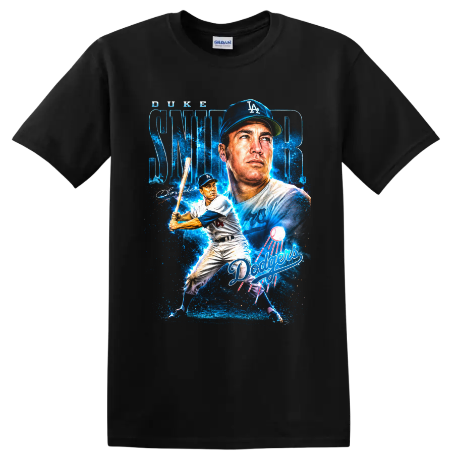 Duke Snider Los Angeles Dodgers portrait and batting collage with SNIDER lettering on a Black T Shirt