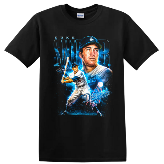 Duke Snider Los Angeles Dodgers portrait and batting collage with SNIDER lettering on a Black T Shirt