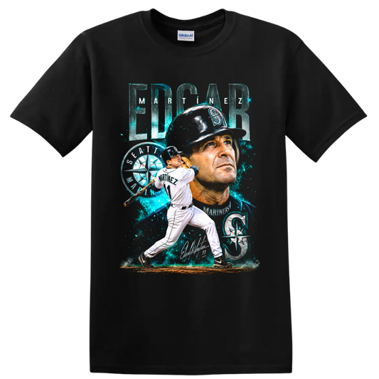 Edgar Martínez Seattle Mariners portrait and batting graphic with number 11 on a Black T Shirt