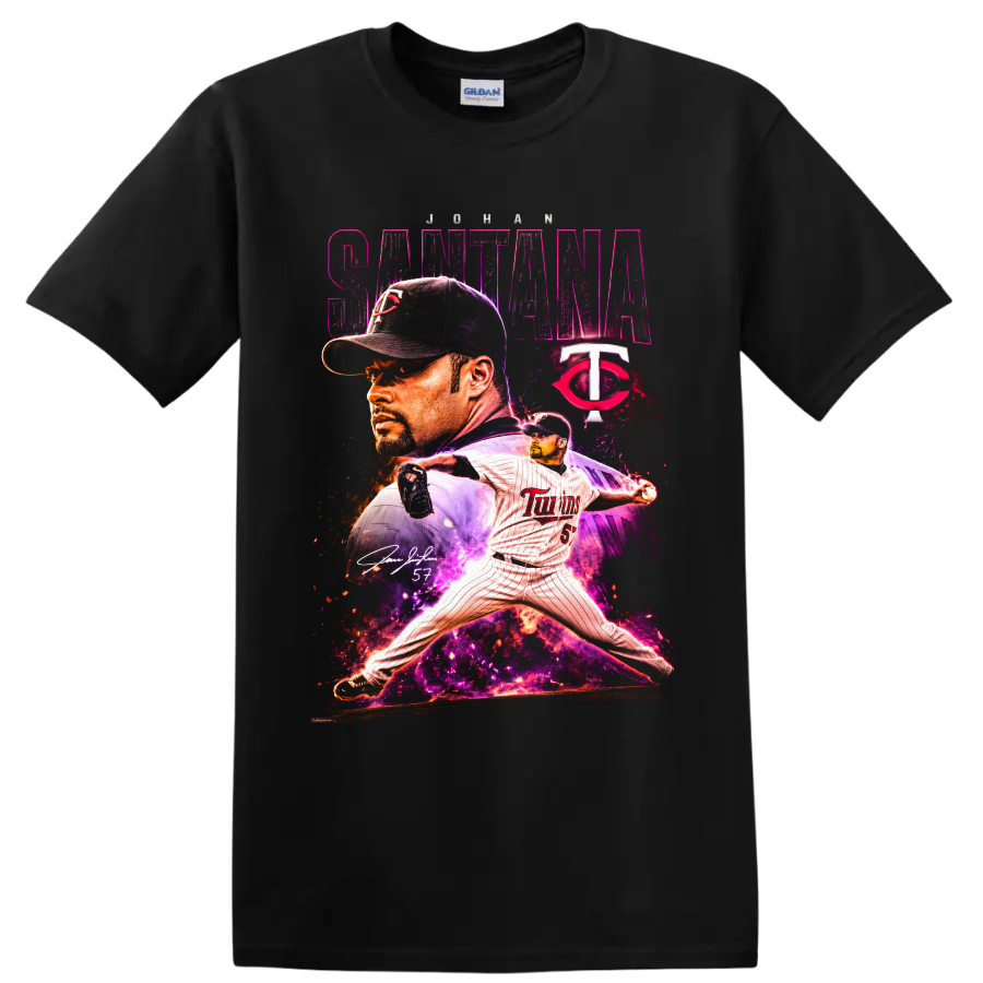 Johan Santana Minnesota Twins pitcher portrait and action graphic with number 57 on a Black T Shirt